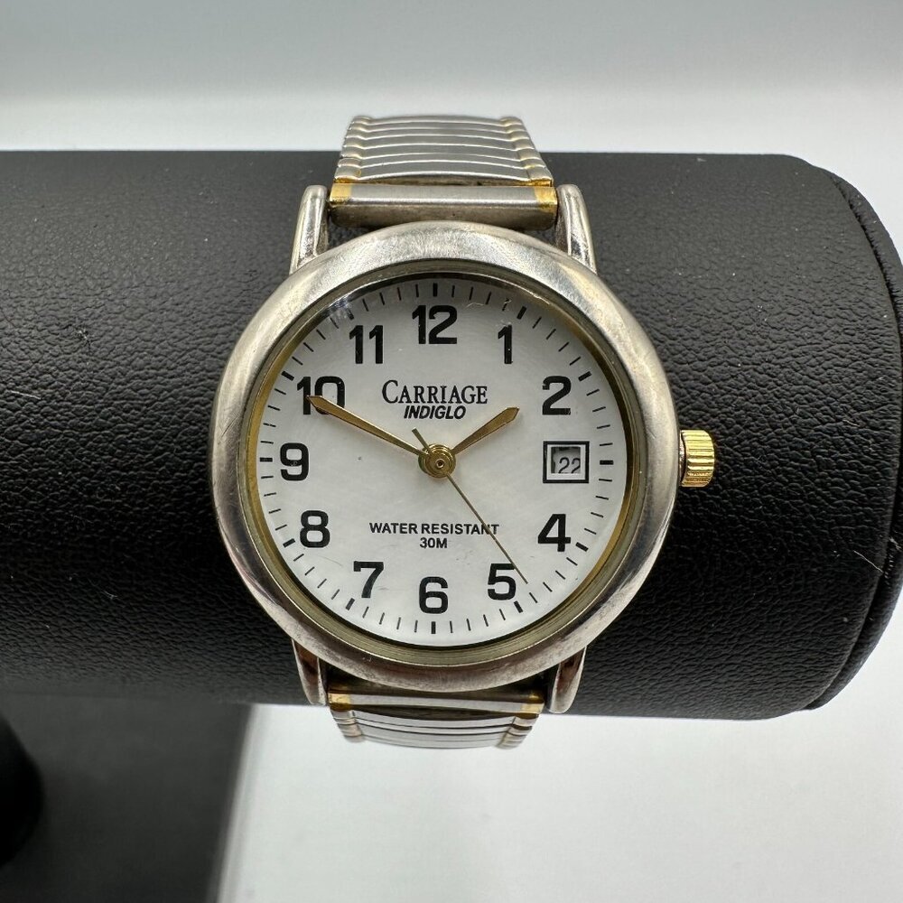 3/$30 Carriage Watch Women Silver Tone Stretch Band White Dial Date New Battery